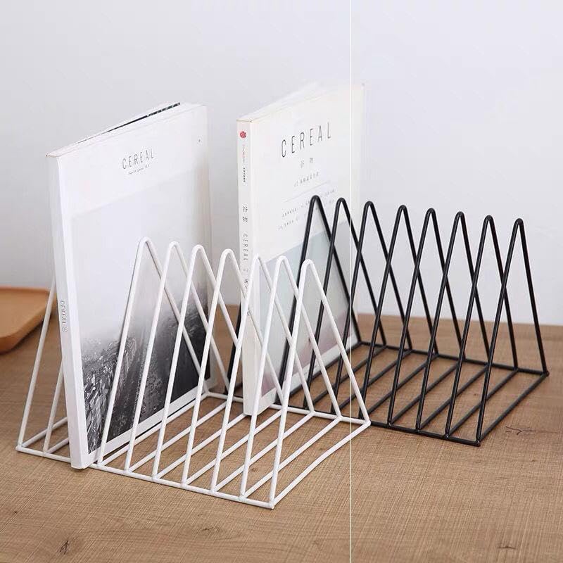 Cq acrylic White Metal Vinyl Record Holder,Vertical Record Player Holder,File Organizer for Desk,Desktop File Sorters,Paper Organizer and Record Holder Stand,Triangle Upright 9 Lattice Vinyl Rack Stand,1Pack - Image 2